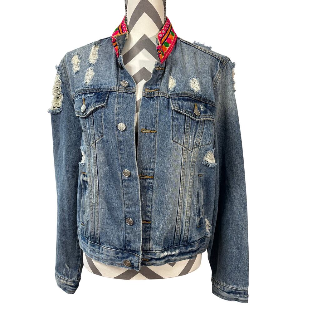 Mary Marshmallow Jean Jacket Large First Rule No Rules Sequin Patch Distressed - Picture 2 of 8